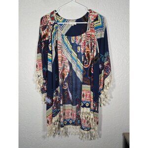 Umgee Paisley Kimono Hippie Chic Duster Open Front Lace Crochet Trim Boho S/M